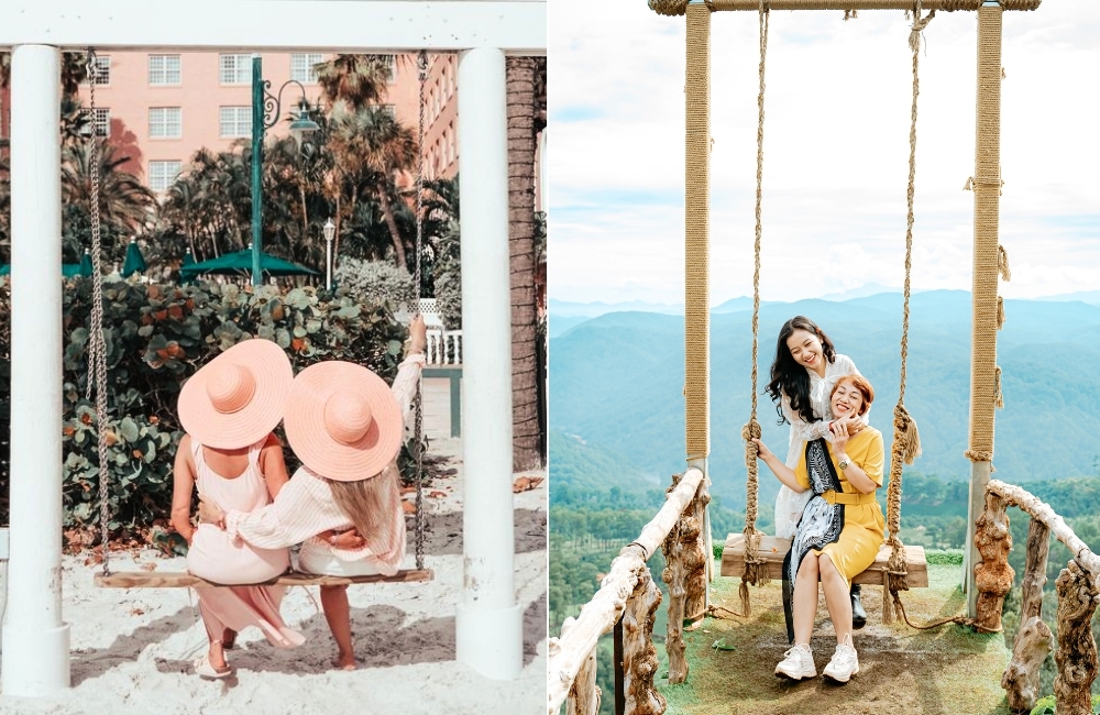 Tạo dáng chụp ảnh 2 người nữ ngồi xích đu cùng nhau 